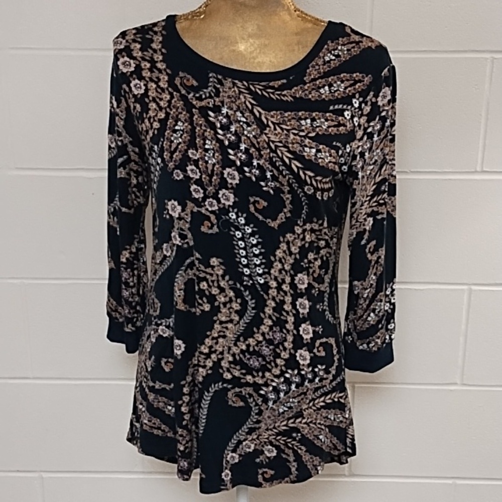 24/7 BOHO COTTAGECORE NAVY FLORAL PRINT, 3/4 SLEEVE, SOFT, TEE SHIRT TUNIC